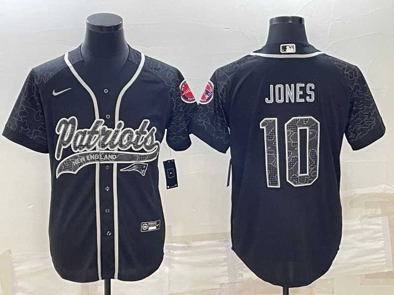 Mens New England Patriots #10 Mac Jones Black Reflective With Patch Cool Base Stitched Baseball Jersey